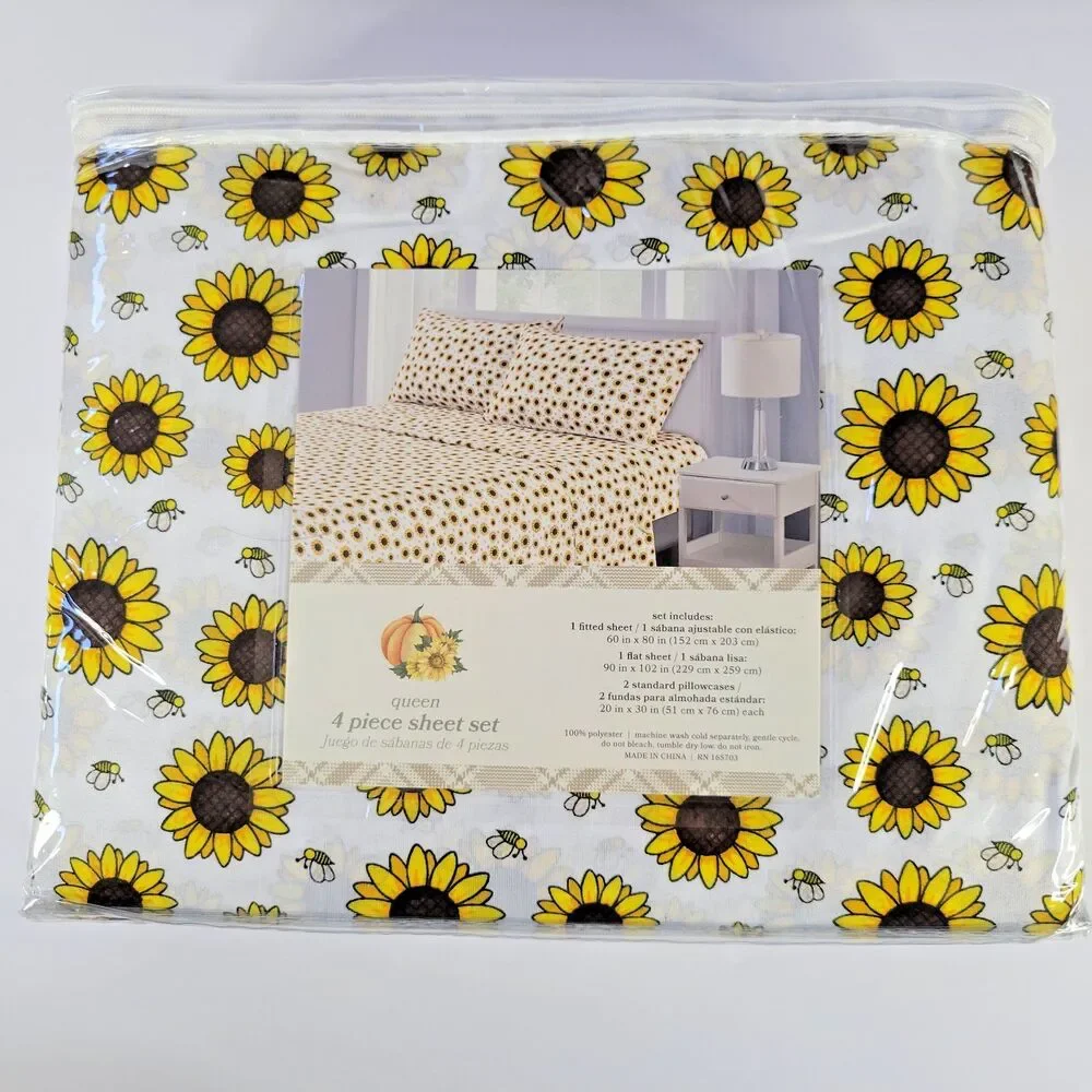 Sunflowers Honey Bees 4pc QUEEN Sheets Set Harvest Fall Sunflower Field Garden